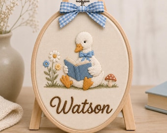 Personalized Reading Goose Embroidery Hoop, Storybook Baby Name Nursery Decor
