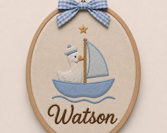 Personalized Sailboat Goose Embroidery Hoop, Nautical Baby Name Nursery Decor