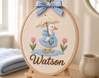 Personalized Rainy Day Goose Embroidery Hoop, Baby Name Nursery Wall Decor