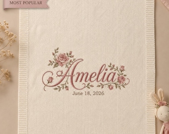 Personalized Birth Flower Name Knit Baby Blanket, Embroidered Floral Keepsake