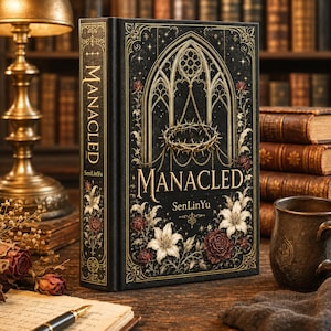 May include: A hardcover book titled "MANACLED" with a black cover featuring a gold gothic arch design, a crown of thorns, and floral accents. The spine also displays the title. The book is set on a wooden surface.