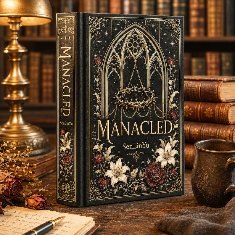 May include: A hardcover book titled "MANACLED" with a black cover featuring a gold gothic arch design, a crown of thorns, and floral accents. The spine also displays the title. The book is set on a wooden surface.