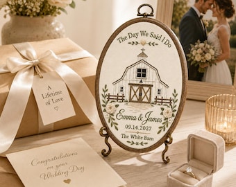 Personalized White Wedding Barn Embroidery Hoop, Couple Venue Keepsake, NO DIGITAL FILE