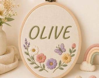 Personalized Butterfly Flower Name Hoop, Oval Nursery Wall Decor, Baby Girl Gift