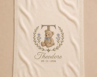 Personalized Teddy Bear Monogram Knit Baby Blanket, Embroidered Name and Birth Details
