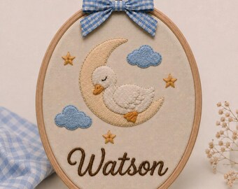 Embroidered Duck Moon Nursery Name Art – Personalized Baby Room Decor