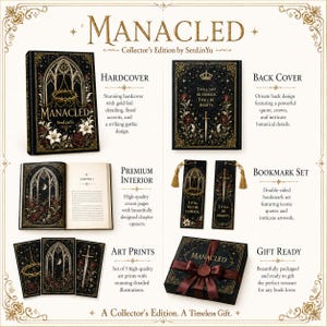May include: A collector's edition of "MANACLED" by SenLinYu, featuring a hardcover book with gold foil detailing, art prints, and a bookmark set. The set includes a gift-ready box with a ribbon, perfect for book lovers.