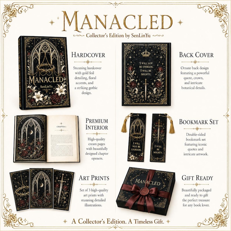May include: A collector's edition of "MANACLED" by SenLinYu, featuring a hardcover book with gold foil detailing, art prints, and a bookmark set. The set includes a gift-ready box with a ribbon, perfect for book lovers.