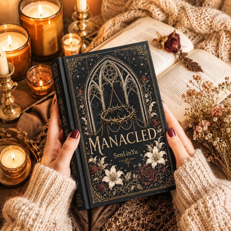 May include: A black book titled "MANACLED" with gold accents, a gothic window design, and a crown of thorns. The book is held by a person wearing a beige sweater. The background includes lit candles and an open book.