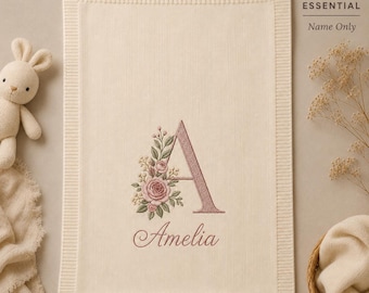 Personalized Floral Initial Garden Knit Baby Blanket, Embroidered Name and Birth Details
