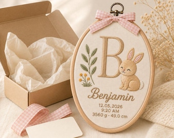 Personalized Bunny Birth Stat Hoop, Oval Monogram Nursery Art, Baby Boy Gift
