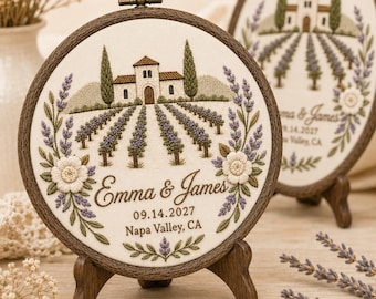 Embroidered Wedding Hoop Art: Napa Valley Vineyard Scene (Emma & James)