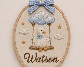 Personalized Cloud Swing Goose Embroidery Hoop, Baby Name Nursery Keepsake