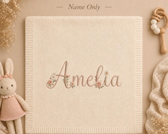 Personalized Wildflower Name Knit Baby Blanket, Embroidered Floral Letters and Birth Details