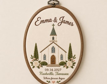 Personalized White Church Wedding Embroidery Hoop, Custom Chapel Gift, NO DIGITAL FILE