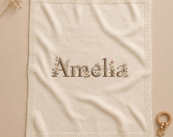 Personalized Floral Name Knit Baby Blanket, Embroidered Wildflower Lettering