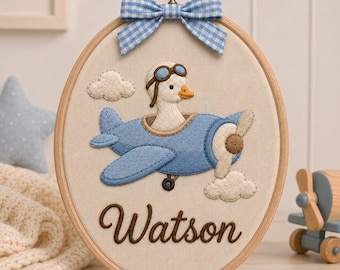 Personalized Pilot Goose Embroidery Hoop, Airplane Baby Name Nursery Decor