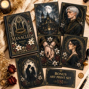 May include: A collection of gothic-themed art prints and a book titled "Manacled" with floral and architectural illustrations. The prints feature portraits, a castle, and hands in chains, with a "Bonus Art Print Set" card.