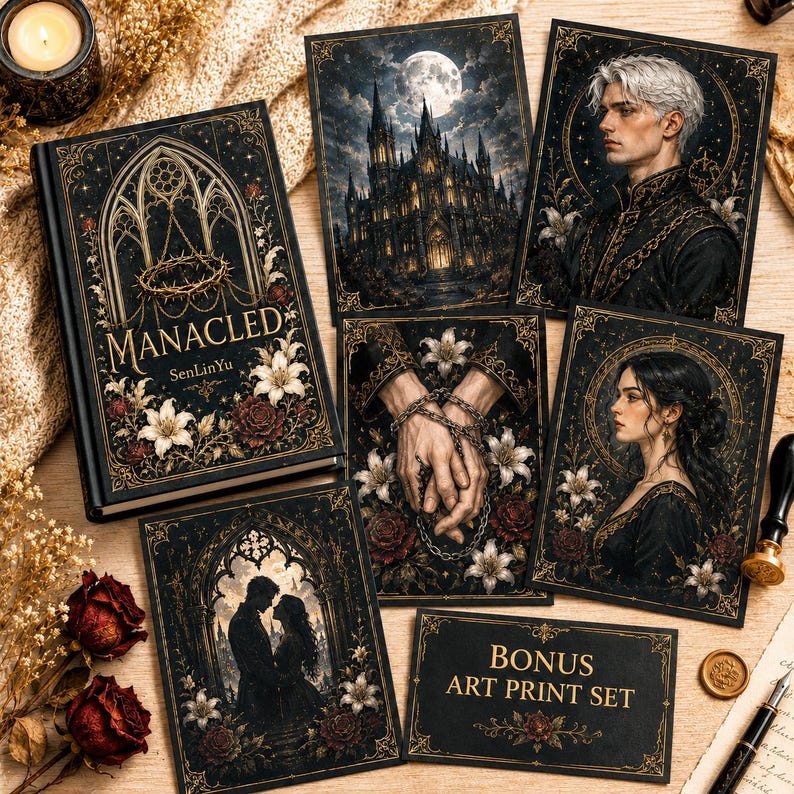 May include: A collection of gothic-themed art prints and a book titled "Manacled" with floral and architectural illustrations. The prints feature portraits, a castle, and hands in chains, with a "Bonus Art Print Set" card.
