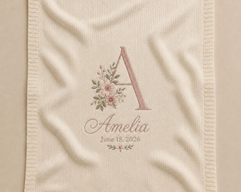 Personalized Birth Flower Initial Knit Baby Blanket, Embroidered Name and Birth Details