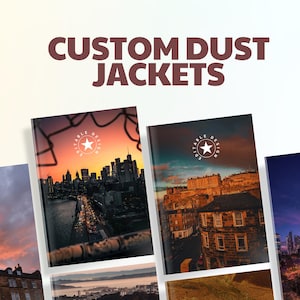 Puede incluir: Sobrecubiertas personalizadas con paisajes urbanos al atardecer. Las cubiertas muestran escenas de ciudades, con el texto "EDITABLE DESIGN" y un logotipo de estrella. El diseño combina fotografía y elementos gráficos.