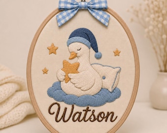 Personalized Bedtime Star Goose Embroidery Hoop, Baby Name Nursery Wall Art