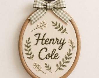 Custom Baby Name Sign, Minimal Sage Leaf Embroidery, Oval Woodland Nursery Decor