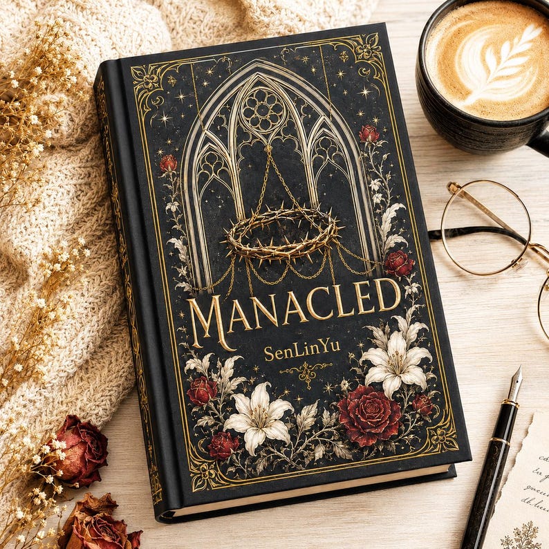 May include: A hardcover book titled "MANACLED" with a black cover featuring gold accents, a crown of thorns, and floral illustrations. The book is accompanied by a cup of coffee, glasses, and a pen.