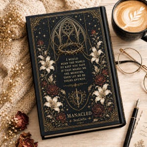 May include: A black journal with gold accents, featuring floral and thorn illustrations, and the text "I would burn the world to keep you safe." The journal also includes the word "MANACLED" and the name "SenLinYu".