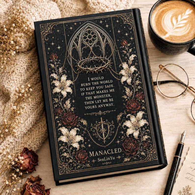 May include: A black journal with gold accents, featuring floral and thorn illustrations, and the text "I would burn the world to keep you safe." The journal also includes the word "MANACLED" and the name "SenLinYu".