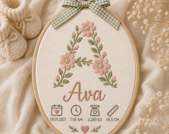 Personalized Birth Stats Hoop, Blush Floral Initial, Sage Green Nursery Decor