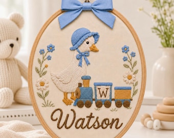 Personalized Train Conductor Goose Embroidery Hoop, Baby Name Nursery Decor