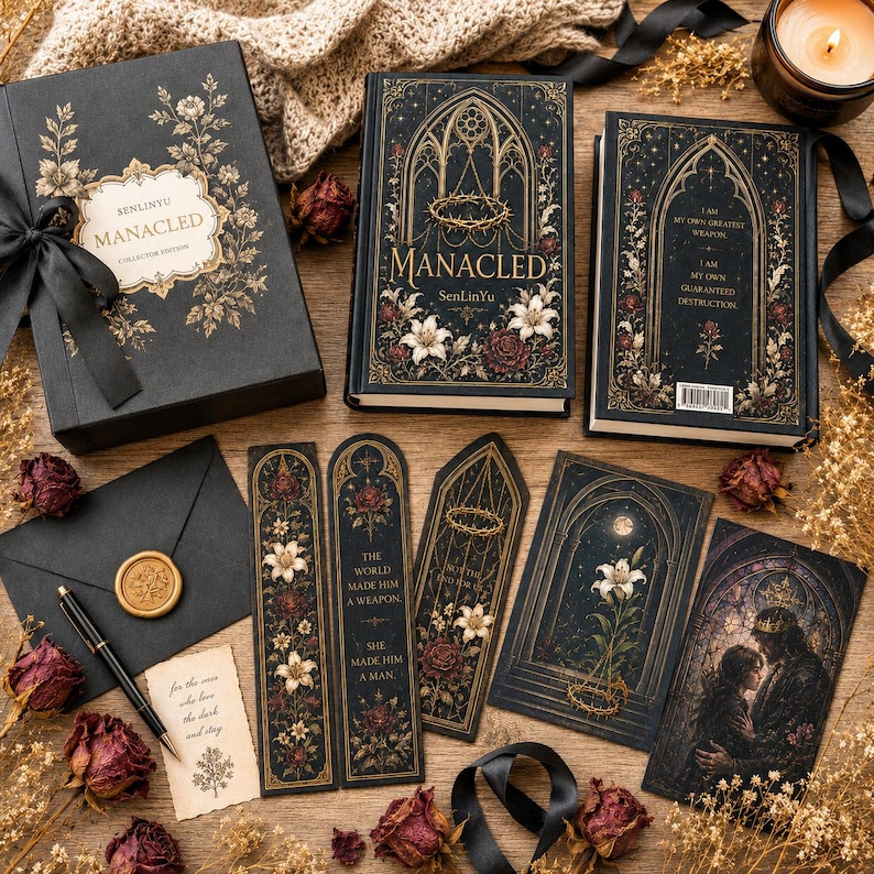 May include: A collection of gothic-themed books and accessories. The set includes a book, a collector's edition box, bookmarks, and an envelope with a wax seal. The book covers and box feature floral designs and the title "MANACLED".