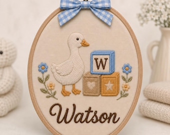 Personalized Alphabet Blocks Goose Embroidery Hoop, Baby Name Nursery Keepsake