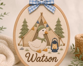 Personalized Camping Goose Embroidery Hoop, Woodland Baby Name Nursery Decor