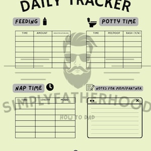 May include: A light green baby daily tracker with black text and graphics. The tracker includes sections for feeding, potty time, and nap time, with space for notes. The text includes "DAILY TRACKER", "FEEDING", "POTTY TIME", "NAP TIME", and "NOTES FOR MOM/PARTNER".