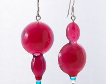 Asymmetrical red and blue resin drip earrings
