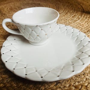 Vintage Tabletop Golden Quilt plate and tea cup, upscale charcuterie server.