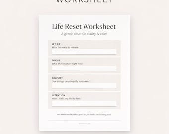 Life Reset Worksheet | Printable Worksheet for Women |digital download