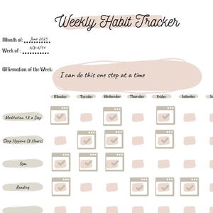 Puede incluir: Un rastreador de hábitos semanales imprimible con un diseño minimalista. El rastreador incluye secciones para hábitos diarios como meditación, sueño, gimnasio y lectura. Presenta el texto "Weekly Habit Tracker", el mes de junio de 2025 y la semana del 6/8-6/14.