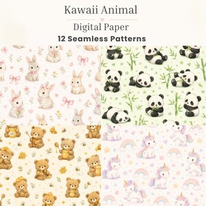 以下が含まれることがあります： Kawaii Animalデザインの12種類のシームレスパターンを収録したデジタルペーパーコレクション。花を持つウサギ、竹を持つパンダ、蜂蜜の壺を持つクマ、虹とユニコーンのイラストがパステルカラーの背景に描かれています。