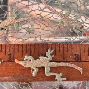 May include: Three embroidered lizard patches in green and pink hues. One lizard is positioned on a wooden ruler, with the other two lizards on a cracked glass surface. The ruler shows measurements in inches.