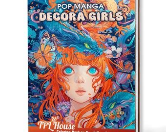 May include: A spiral-bound coloring book titled "Pop Manga Decora Girls." The cover features a vibrant illustration of a girl with orange hair, blue eyes, and fantasy elements like dragons and butterflies. The book is from TPL House.