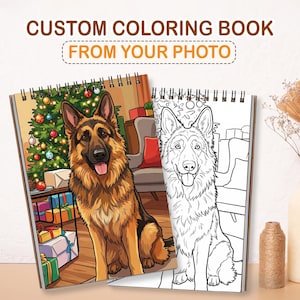 Peut inclure: Deux livres de coloriage personnalisés à spirales. L'un présente une illustration colorée d'un berger allemand dans un cadre de Noël. L'autre est un dessin au trait en noir et blanc du même chien. Le texte indique "CUSTOM COLORING BOOK FROM YOUR PHOTO."