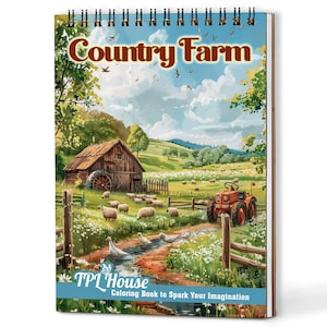 Peut inclure: Un livre de coloriage à spirales intitulé "Country Farm" avec une scène pastorale. La couverture représente un tracteur rouge, des moutons, une grange avec une roue à aubes et un ruisseau. Le livre est de TPL House et dit "Coloriage pour stimuler votre imagination."