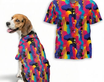 80s Retro Hawaiian Shirt for Dogs & Owners, Vintage Pattern Pet Shirt, Matching Dog Outfit, Neon Hawaiian Shirt, Pet Lover Gift