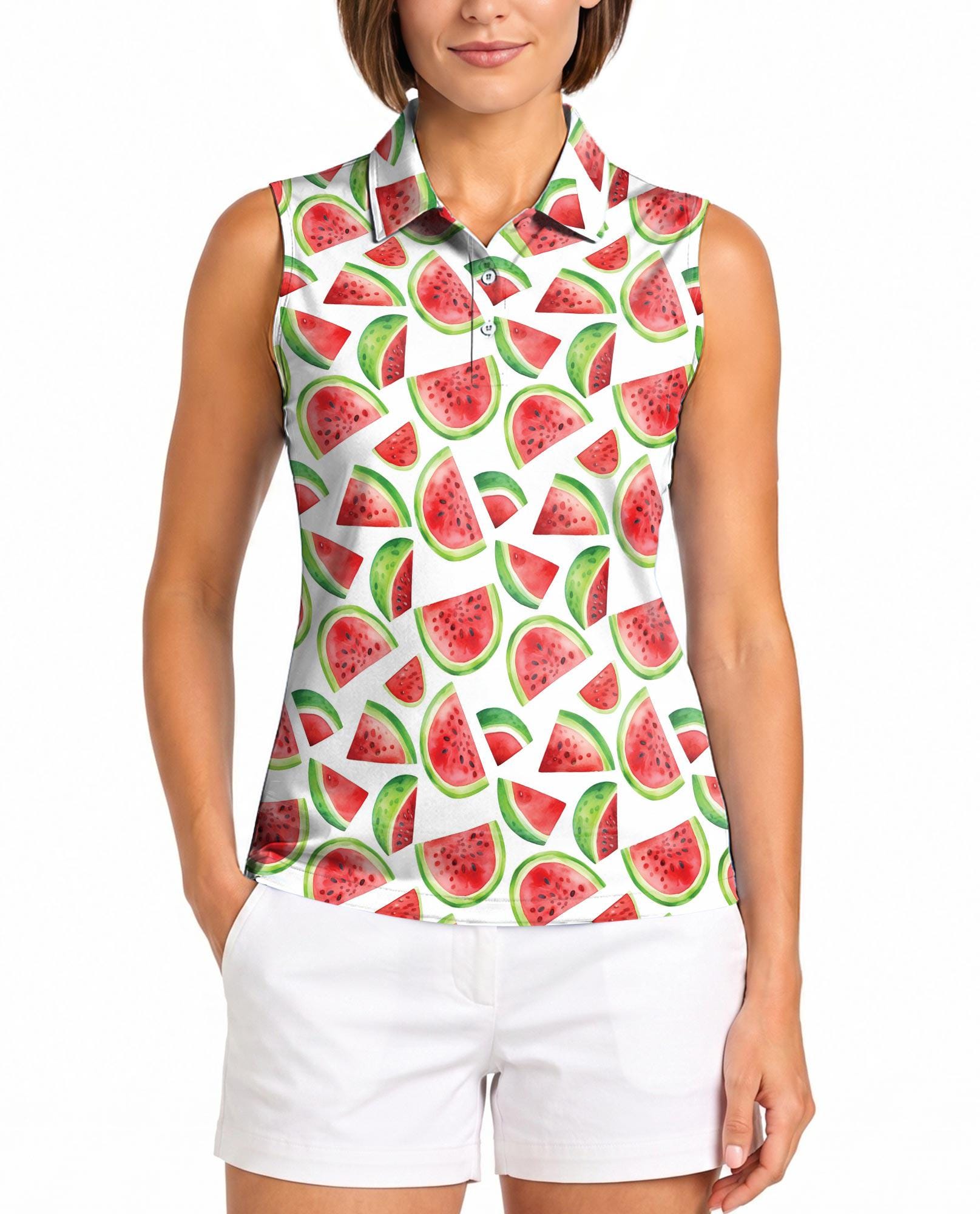 Watermelon Golf Polo Shirt, Women Sleeveless Fruit Polo, White Summer Shirt, Tennis Pickleball Vacation Top
