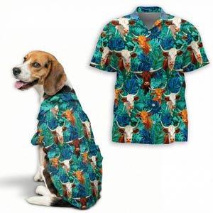 May include: A teal Hawaiian shirt and a dog shirt featuring a repeating pattern of Highland cows and tropical leaves. The shirts have a button-down design and are made of a lightweight fabric.
