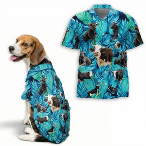 May include: A beagle dog wearing a blue Hawaiian shirt with a cow and leaf pattern. A matching shirt is displayed next to the dog. The shirt features a button-down collar and short sleeves. The background is white.