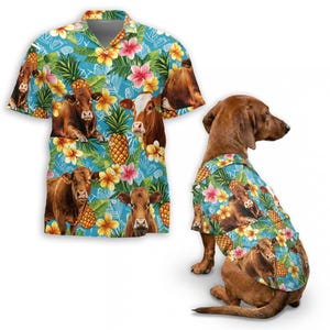 Red Angus Hawaiian Shirt for Dogs & Owners, Cattle Lover Pet Shirt, Matching Dog Outfit, Farm Hawaiian Shirt, Ranch Lover Gift
